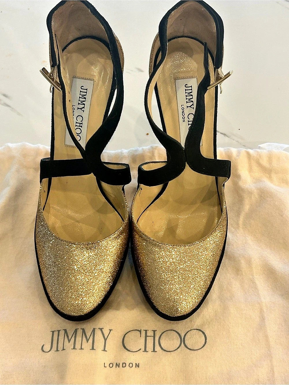Jimmy Choo Glitter Platform Heels Gold & Black EU 38